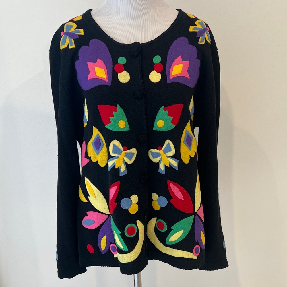 Vintage Colorful Floral Adorned Sweater Cardigan by Sideffects Womens Sz Large